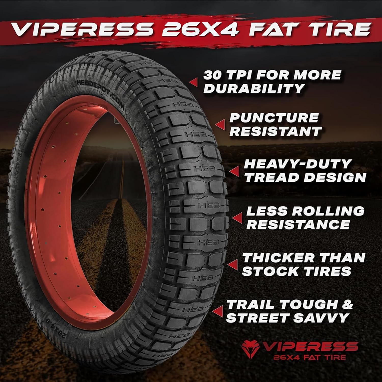 HEB Viperess Fat Tire SET of 2 Tires - Available in 2 Sizes. 20" x 4" and 26" x 4"