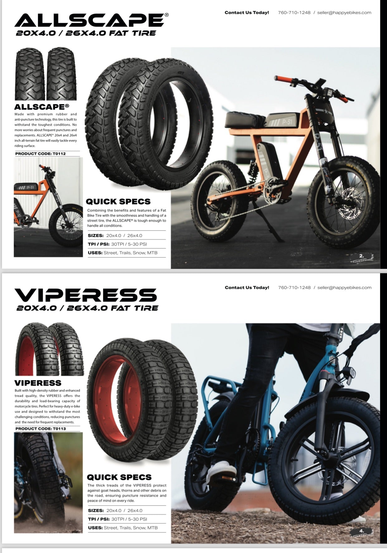 HEB Viperess Fat Tire SET of 2 Tires - Available in 2 Sizes. 20" x 4" and 26" x 4"